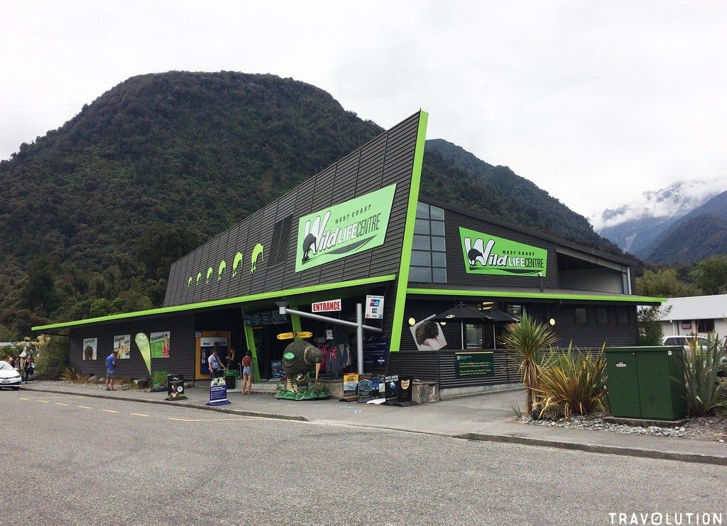 The West Coast Wildlife Centre building against forested hills in Franz Josef Glacier village.