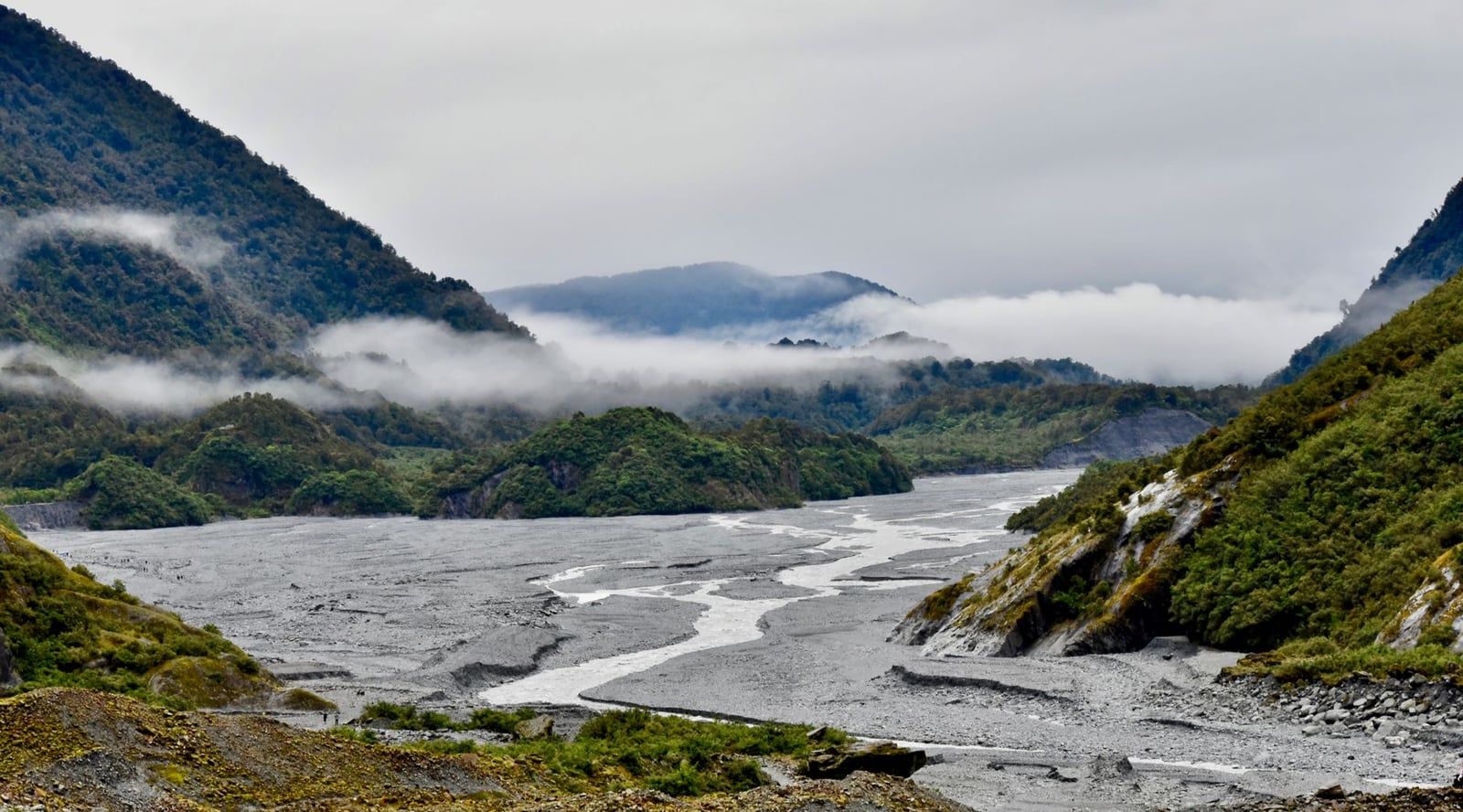 A wide, braided river winds through the forested mountain valley leading toward Franz Josef Glacier under a misty sky.